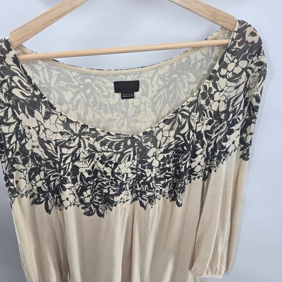 Deletta x Anthropologie Cream Black Floral Elastic Cuff Blouse Size Medium - Picture 9 of 14